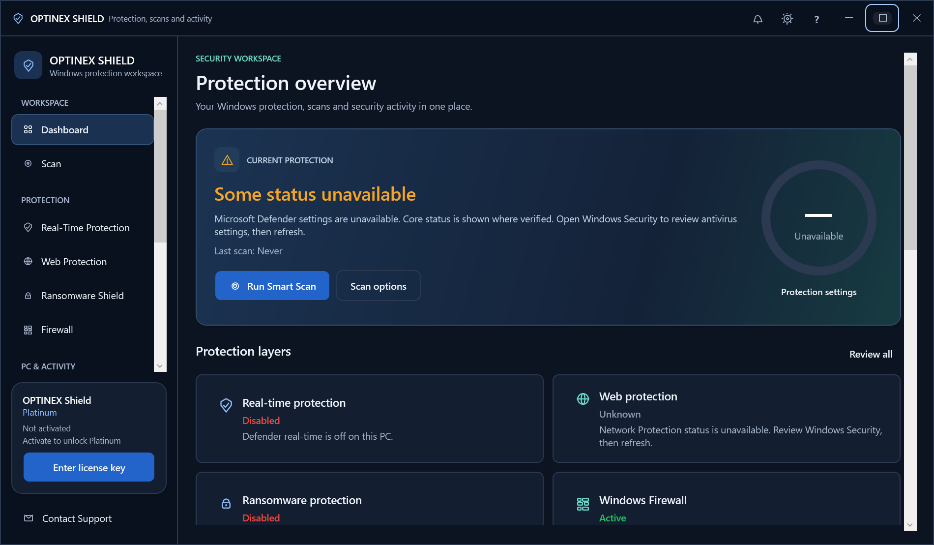 OPTINEX Shield dashboard showing current Windows protection status and scan actions