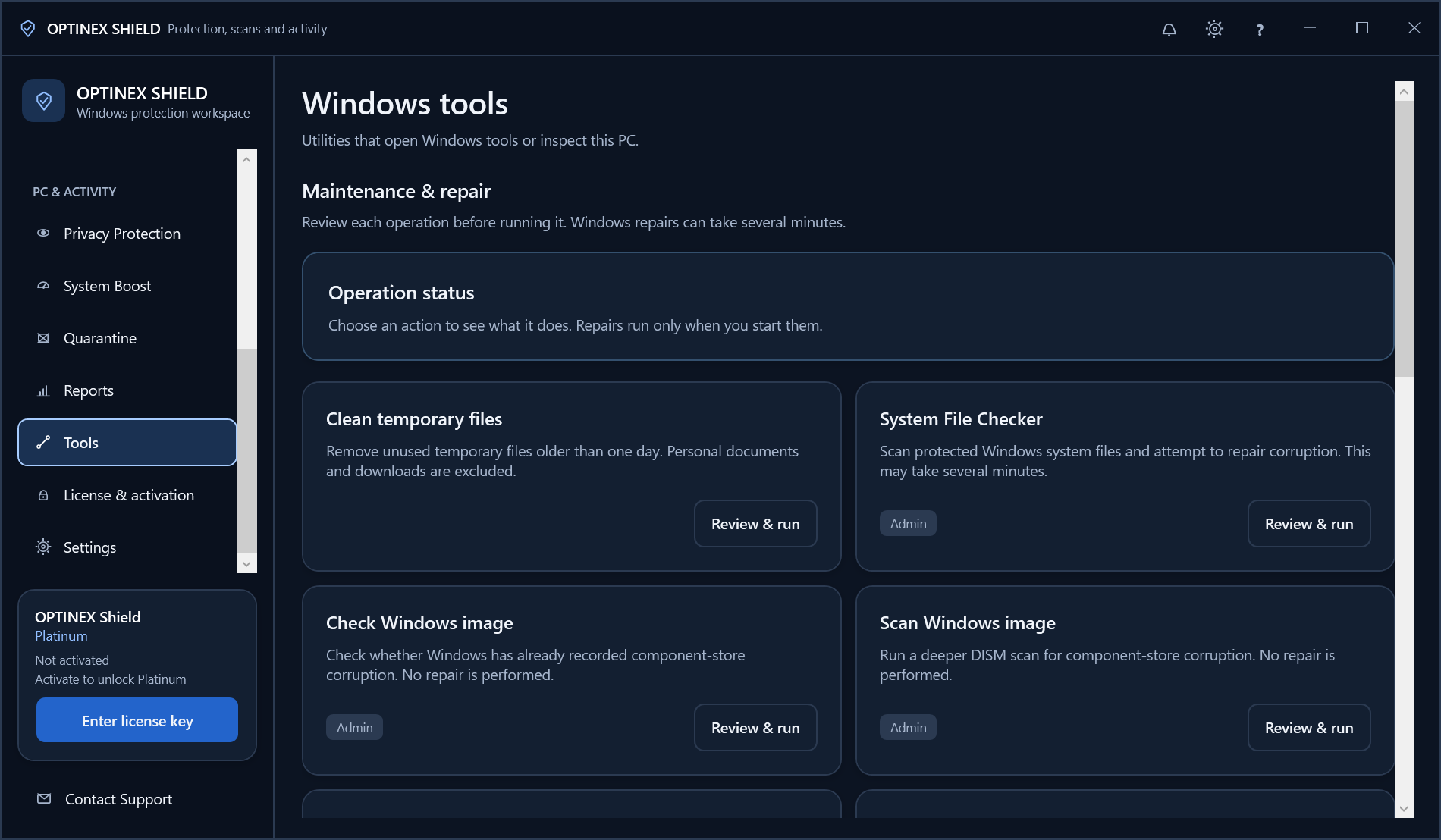 OPTINEX Shield Windows tools and maintenance operations from a running install