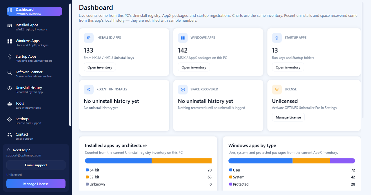 OPTINEX Uninstaller dashboard from a running Windows install