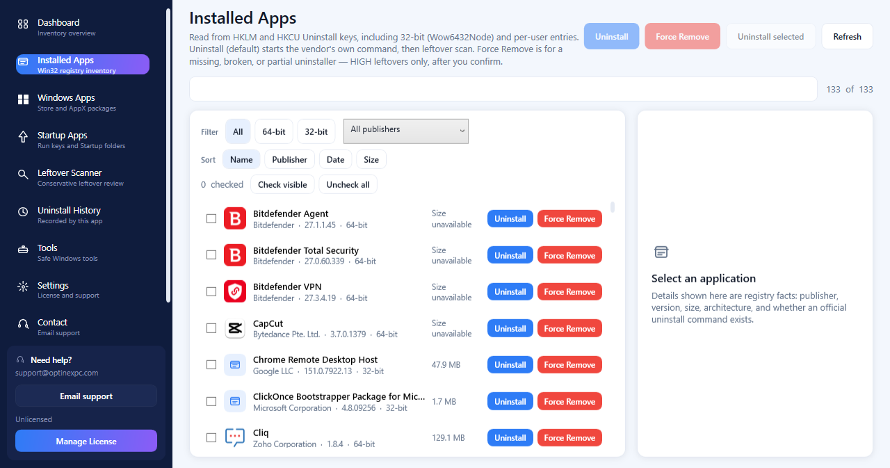 OPTINEX Uninstaller Installed Apps list from a live Windows inventory